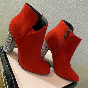 Red Suede Ankle Boots with Rhinestone Heels